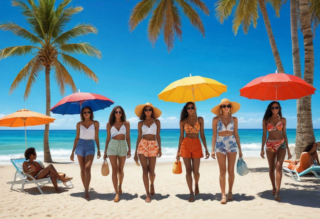 A vibrant summer scene featuring a diverse group of fashionable individuals showcasing trendy two-piece outfits on a picturesque beach. Include colorful beach umbrellas, sunglasses, and tropical accessories to enhance the summer vibe. The background should feature clear blue skies and palm trees swaying gently in the breeze. super-realistic. vibrant colors. beach setting.